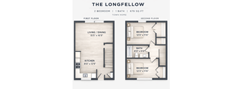 A floor plan of a two bedroom, one bath townhouse.