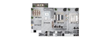A floor plan of a house with labeled rooms and appliances.
