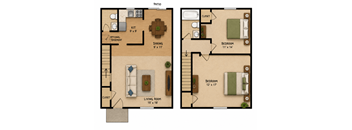 A floor plan of a house with two bedrooms, a living room, a dining room, a kitchen, a patio, and a closet.