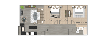 A floor plan of a house with two bedrooms, a living room, a kitchen, and a bathroom.