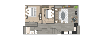 A floor plan of a house with a kitchen, living room, and bathroom.