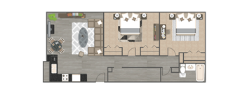 A top-down view of a room with a dining table, two couches, a kitchen area, and a bathroom.