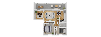 A top-down view of a modern apartment layout with a kitchen, living room, and bedrooms.