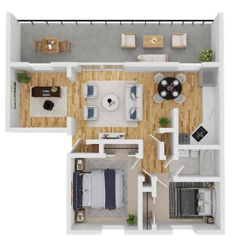 A top-down view of a modern apartment layout with a kitchen, living room, and bedrooms.