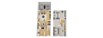 A floor plan of a two-story apartment with a living room, kitchen, and bathroom on the first floor, and a bedroom with a bathroom on the second floor.
