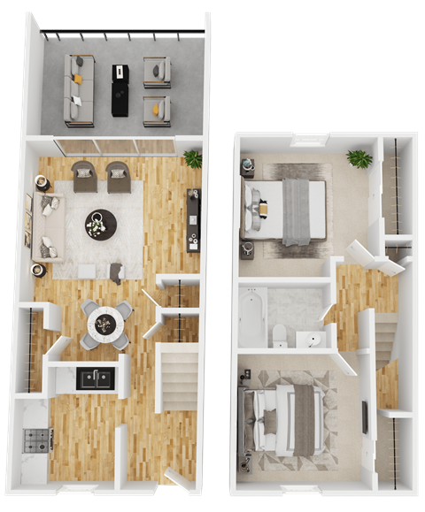 A floor plan of a two-story apartment with a living room, kitchen, and bathroom on the first floor, and a bedroom with a bathroom on the second floor.