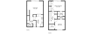 A floor plan of a two-story home with a living room, kitchen, and two bedrooms.
