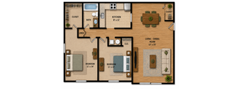 A floor plan of a house with two bedrooms, a living room, a dining room, a kitchen, a bathroom, and a closet.