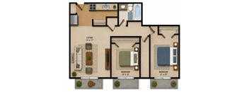 A floor plan of a living space with three bedrooms.