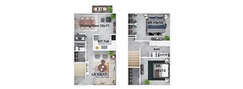 A floor plan of a house with a dining area, kitchen, laundry, and bathroom.