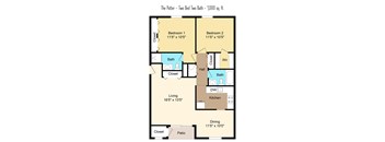 A floor plan of a 1,000 square foot two bedroom two bath home.