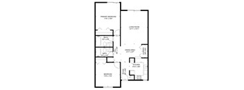 A floor plan of a house with a primary bedroom, living room, dining area, laundry, and kitchen.