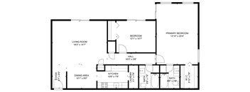 A floor plan of a house with a living room, two bedrooms, a dining area, a kitchen, a laundry room, and a bathroom.