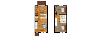 A floor plan of a house with a kitchen, dining area, and bathroom.