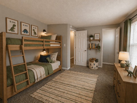 A bedroom with two bunk beds and a rug on the floor.