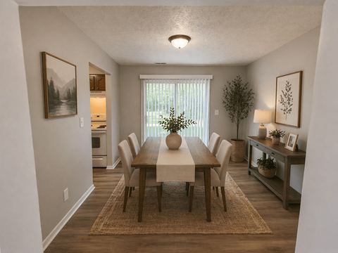 A dining room with a wooden table and chairs.