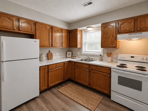 A kitchen with wooden cabinets and a white refrigerator.