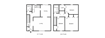 A black and white image of a floor plan for a two-story home.