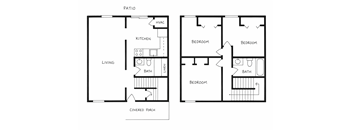 A black and white floor plan of a house with a patio and covered porch.