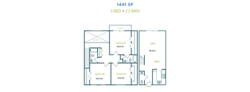 A floor plan for a 1441 square foot home with three bedrooms and two and a half baths.