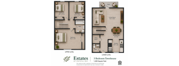 A floor plan of a 3 bedroom townhouse at Crystal Bay.