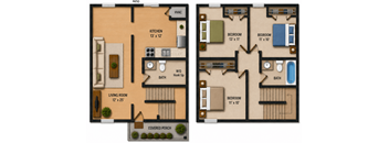 A floor plan of a house with two bedrooms, a living room, kitchen, bathrooms, and a covered porch.
