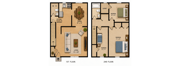 A floor plan of a two-story home with a living room, dining room, and bedrooms.