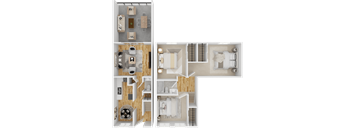 A 3D floor plan of a house showing the layout of the rooms.