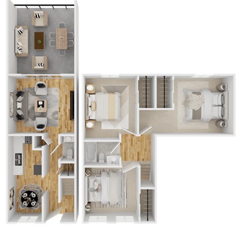 A 3D floor plan of a house showing the layout of the rooms.
