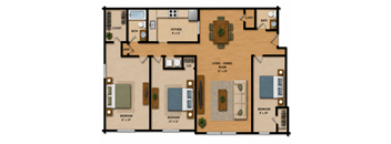 A floor plan of a house with three bedrooms, a living room, a kitchen, a bathroom, and a closet.