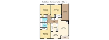A floor plan of a three bedroom, two bathroom apartment.
