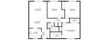 A black and white image of a floor plan for a house with a living room, two bedrooms, a dining area, a kitchen, a foyer, a bath, and a hall.