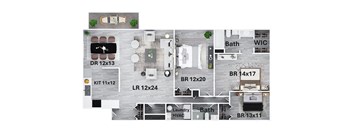 A floor plan of a house with labeled rooms and dimensions.