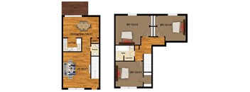 A floor plan of a house with a dining area, powder room, and laundry room.