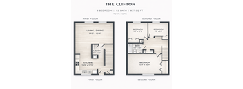 A floor plan for a 3 bedroom, 1,5 bath town home sized at 837 square feet.