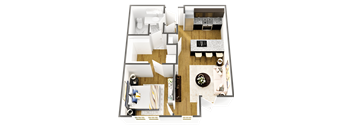 a 3d rendering of a 1 bedroom apartment with a living room and dining room