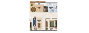 A floor plan of a small apartment with a kitchen, bathroom, living room, and bedroom.