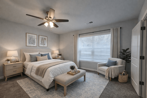 A bedroom with a large bed, a ceiling fan, and a window with blinds at Highview Pointe, Louisville, Kentucky