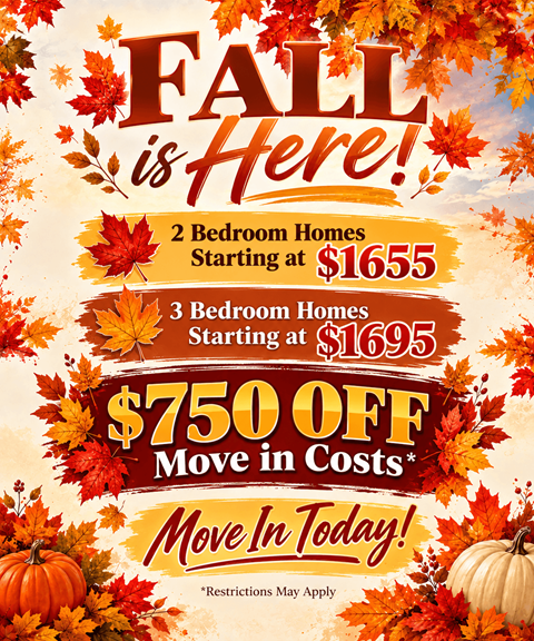 A fall-themed advertisement for homes starting at $1655 and $1695 with a $750 off move-in costs promotion.