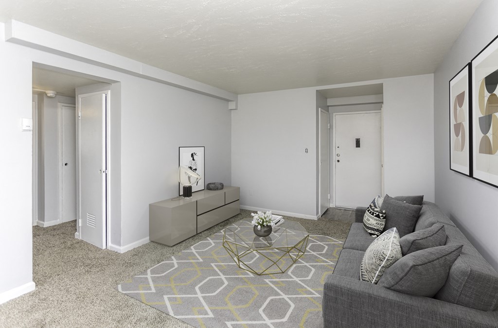 a living room with a grey couch and a yellow and white rug