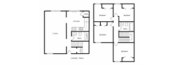 A floor plan of a house with a living area, kitchen, and four bedrooms.