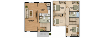 A floor plan of a house with a kitchen, living room, and three bedrooms.