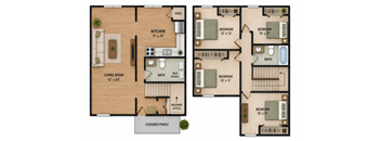 A floor plan of a house with a living room, kitchen, and multiple bedrooms.
