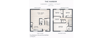 A floor plan for a 1,177 square foot townhome with four bedrooms and one and one half baths.
