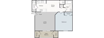 A floor plan of a house with a living room, dining room, kitchen, and bedroom.