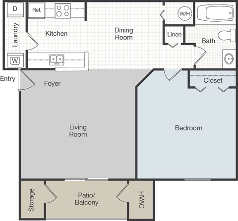 A floor plan of a house with a living room, dining room, kitchen, and bedroom.
