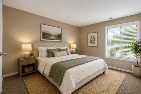 A bedroom with a large bed and a potted plant.