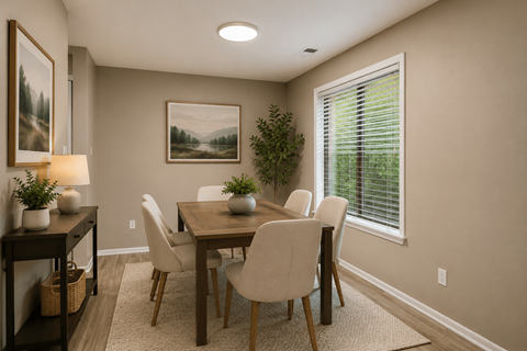 A dining room with a table and chairs.