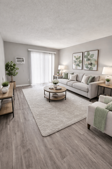 A modern living room with a white sofa, wooden coffee table, and a rug.