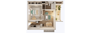 A 12 x 17.5 foot floor plan of a house with a kitchen, living room, and dining area.